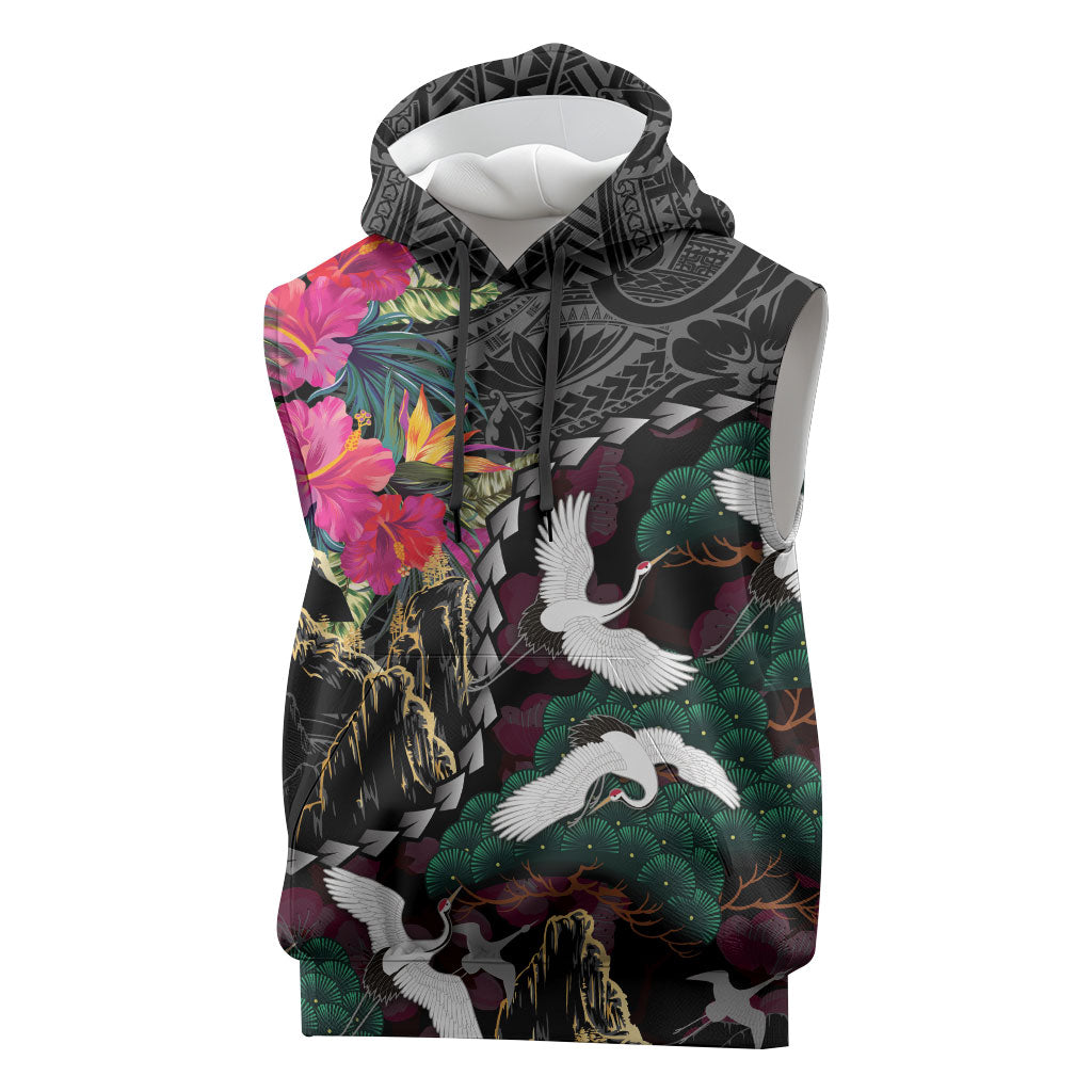 Hawaiian and Japanese Culture Sleeveless Hoodie Crane Sakura Hibiscus Tropical Vibes