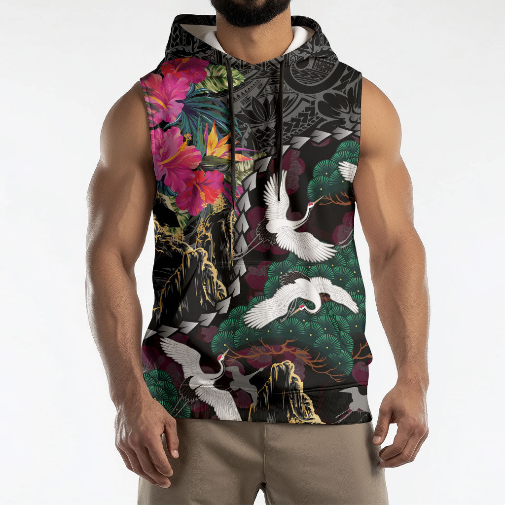Hawaiian and Japanese Culture Sleeveless Hoodie Crane Sakura Hibiscus Tropical Vibes