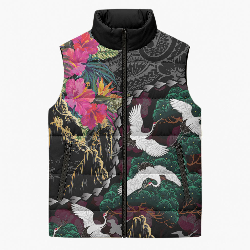 Hawaiian and Japanese Culture Sleeveless Puffer Jacket Crane Sakura Hibiscus Tropical Vibes