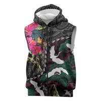 Hawaiian and Japanese Culture Sleeveless Zip Hoodie Crane Sakura Hibiscus Tropical Vibes