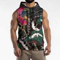 Hawaiian and Japanese Culture Sleeveless Zip Hoodie Crane Sakura Hibiscus Tropical Vibes