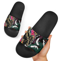 Hawaiian and Japanese Culture Slide Sandals Crane Sakura Hibiscus Tropical Vibes