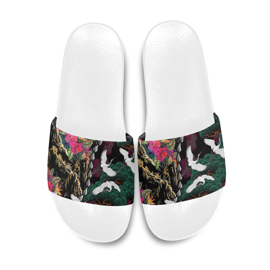 Hawaiian and Japanese Culture Slide Sandals Crane Sakura Hibiscus Tropical Vibes