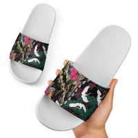 Hawaiian and Japanese Culture Slide Sandals Crane Sakura Hibiscus Tropical Vibes