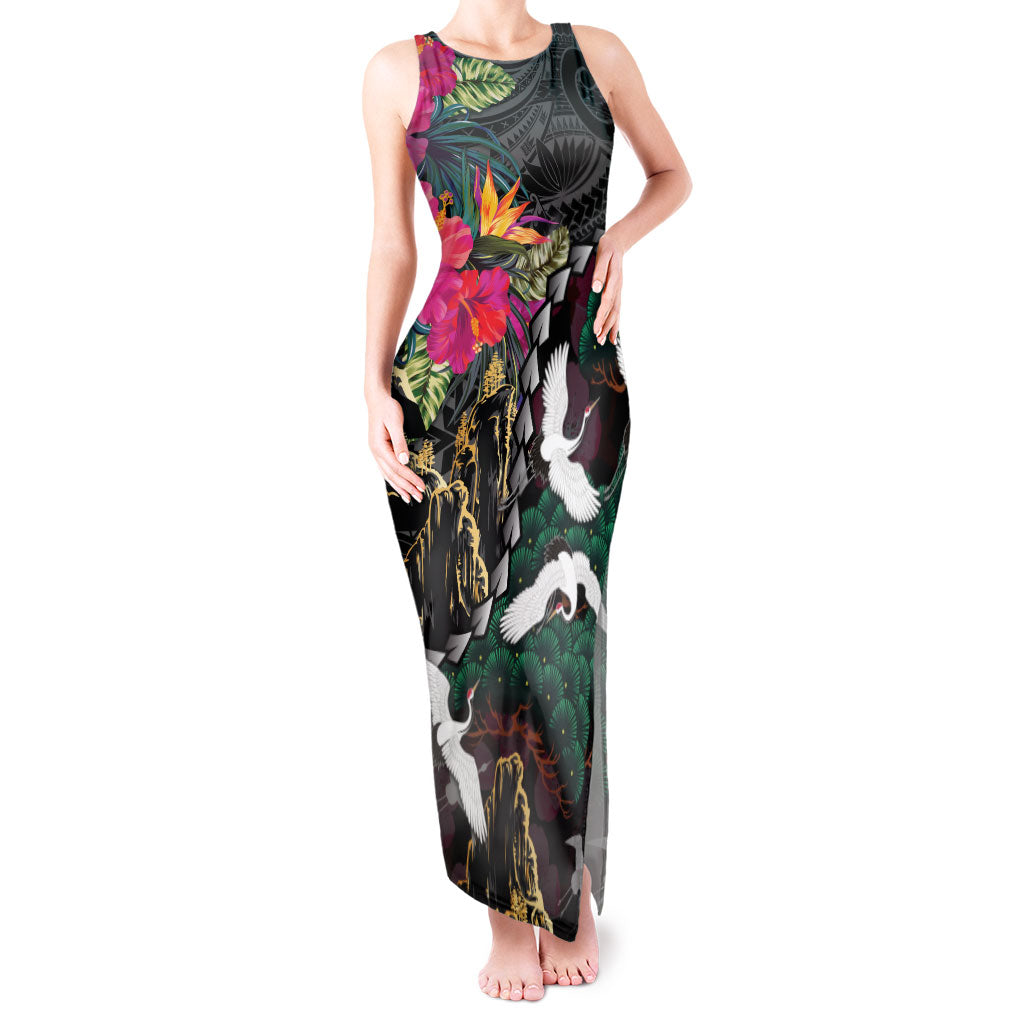 Hawaiian and Japanese Culture Tank Maxi Dress Crane Sakura Hibiscus Tropical Vibes LT14 Women Black - Polynesian Pride