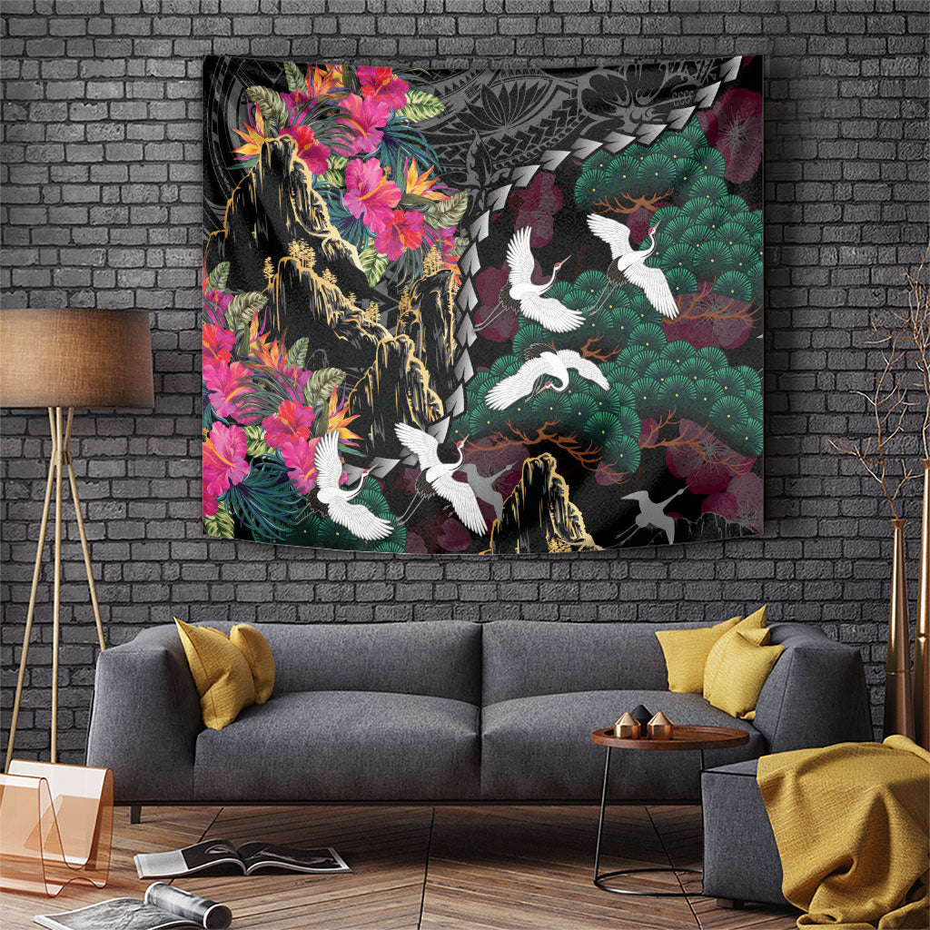 Hawaiian and Japanese Culture Tapestry Crane Sakura Hibiscus Tropical Vibes LT14 Black - Polynesian Pride
