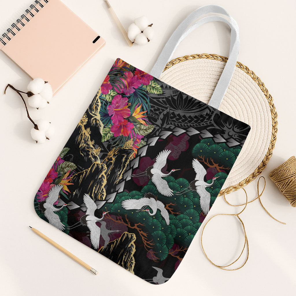 Hawaiian and Japanese Culture Tote Bag Crane Sakura Hibiscus Tropical Vibes