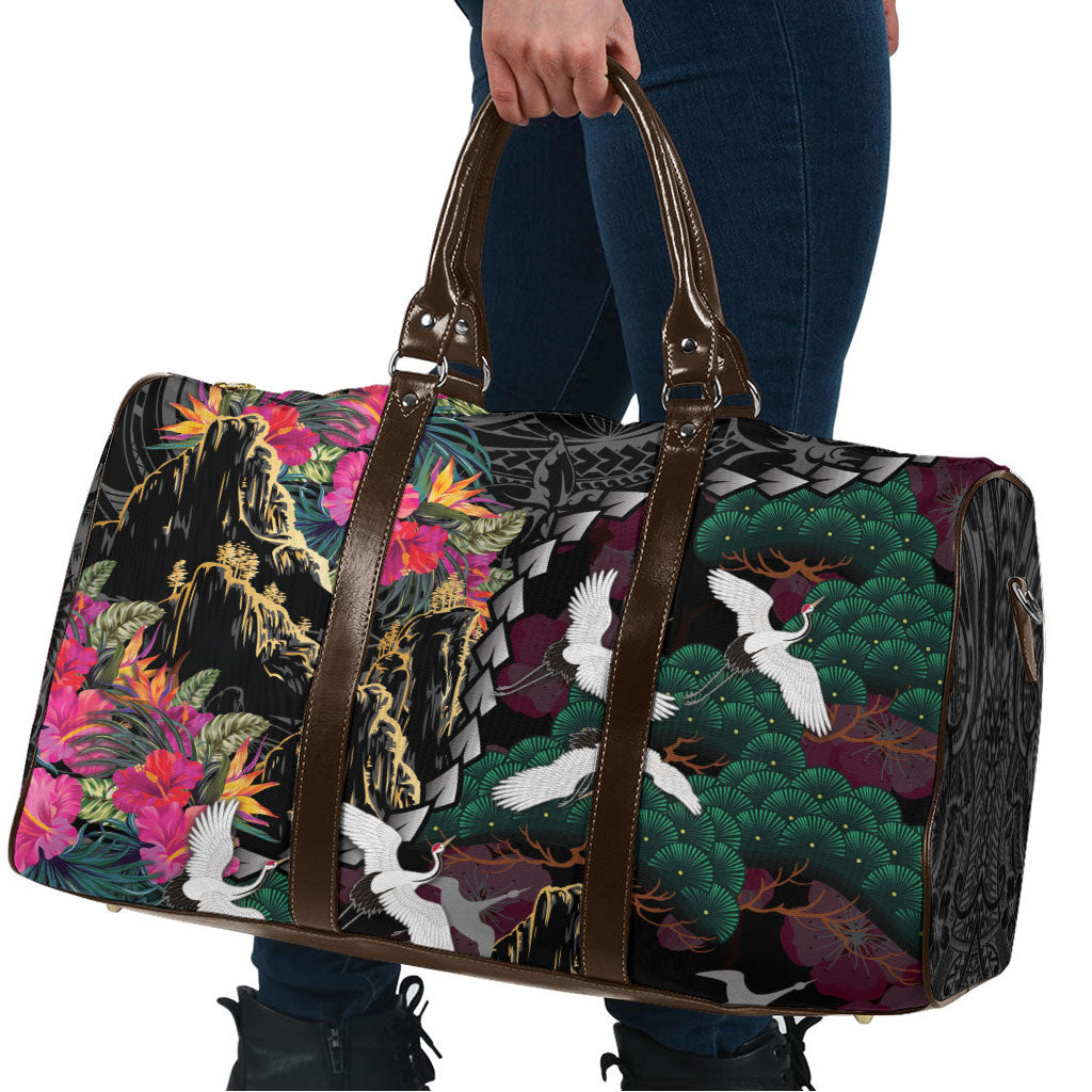 Hawaiian and Japanese Culture Travel Bag Crane Sakura Hibiscus Tropical Vibes