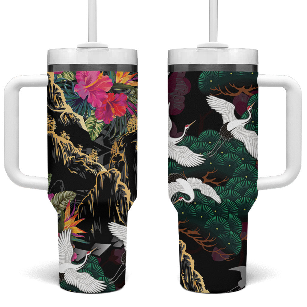 Hawaiian and Japanese Culture Tumbler With Handle Crane Sakura Hibiscus Tropical Vibes