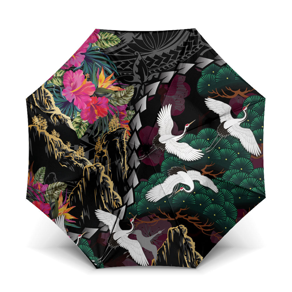 Hawaiian and Japanese Culture Umbrella Crane Sakura Hibiscus Tropical Vibes LT14 One Size Folded 11.42 inch Opened Diameter 37.4 inch Black - Polynesian Pride