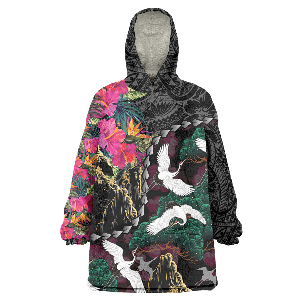 Hawaiian and Japanese Culture Wearable Blanket Hoodie Crane Sakura Hibiscus Tropical Vibes