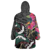 Hawaiian and Japanese Culture Wearable Blanket Hoodie Crane Sakura Hibiscus Tropical Vibes