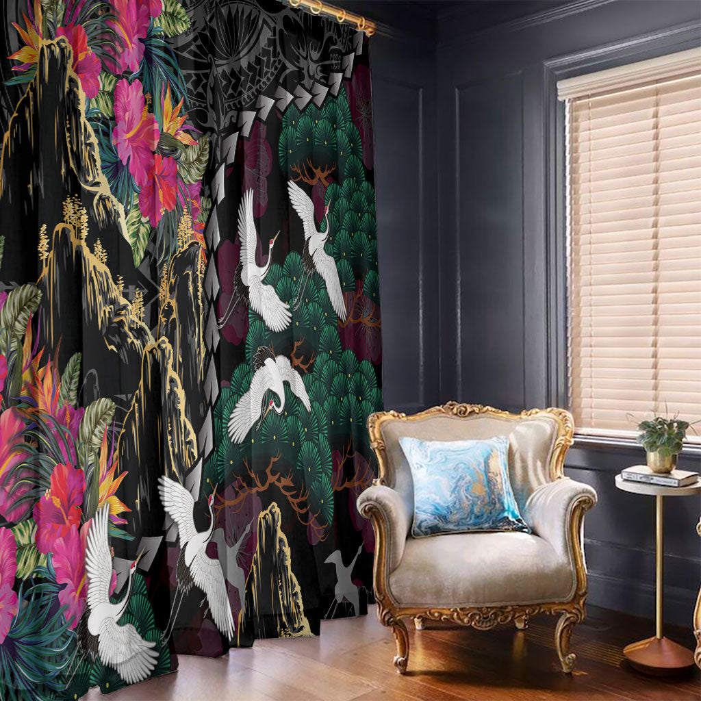 Hawaiian and Japanese Culture Window Curtain Crane Sakura Hibiscus Tropical Vibes