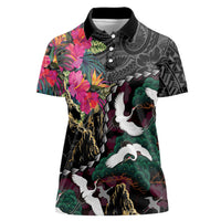 Hawaiian and Japanese Culture Women Polo Shirt Crane Sakura Hibiscus Tropical Vibes