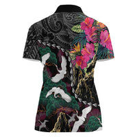 Hawaiian and Japanese Culture Women Polo Shirt Crane Sakura Hibiscus Tropical Vibes