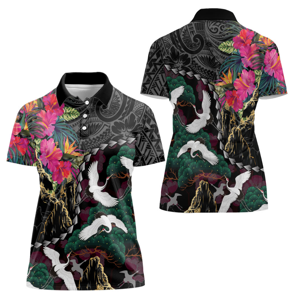 Hawaiian and Japanese Culture Women Polo Shirt Crane Sakura Hibiscus Tropical Vibes