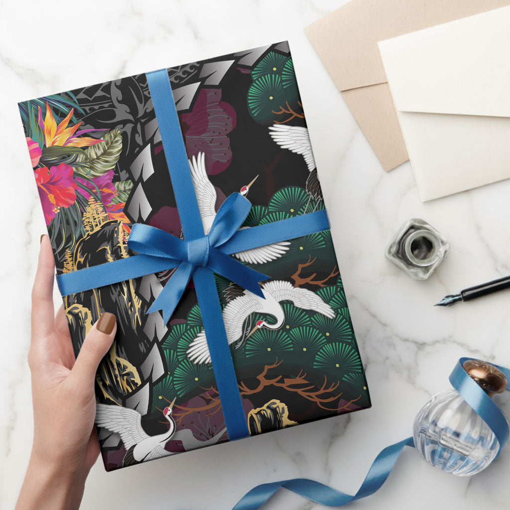 Hawaiian and Japanese Culture Wrapping Paper Crane Sakura Hibiscus Tropical Vibes