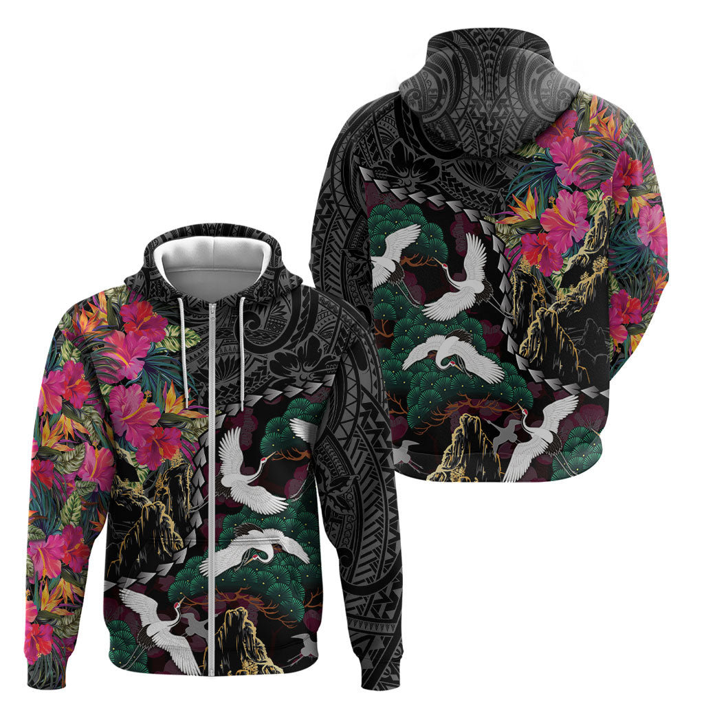 Hawaiian and Japanese Culture Zip Hoodie Crane Sakura Hibiscus Tropical Vibes