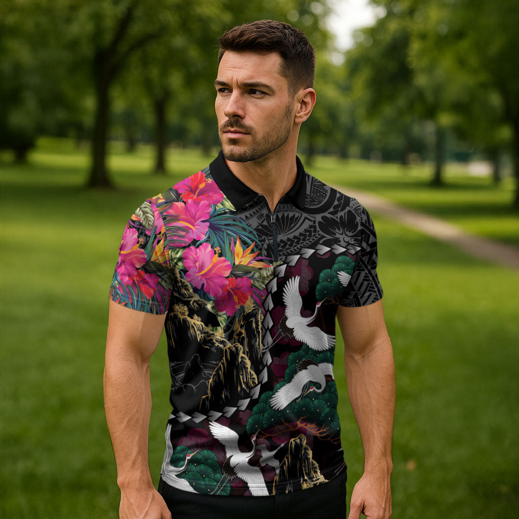 Hawaiian and Japanese Culture Zipper Polo Shirt Crane Sakura Hibiscus Tropical Vibes