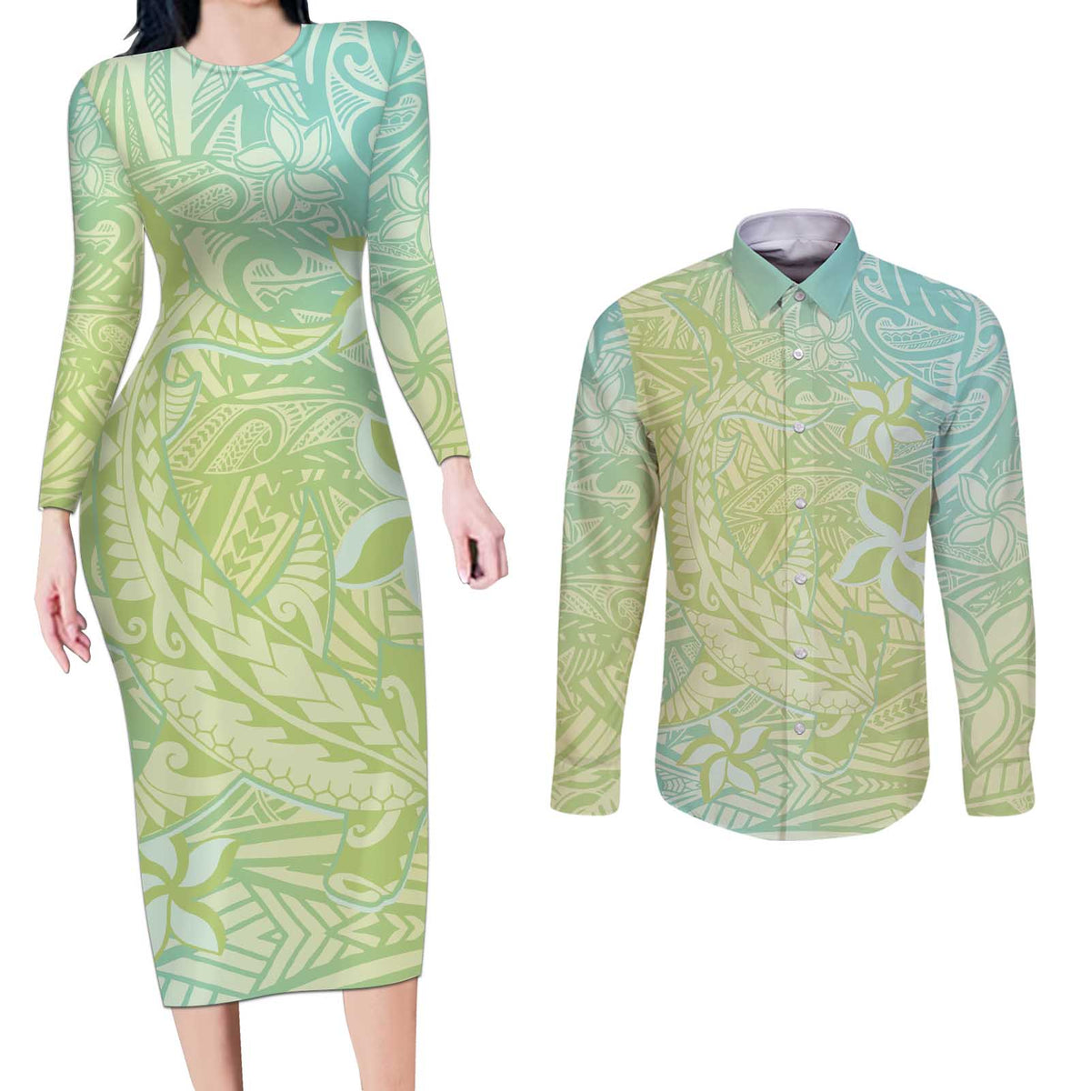 Baby Green Gradient Polynesia Couples Matching Long Sleeve Bodycon Dress and Long Sleeve Button Shirt Hawaiian Tribal Hammerhead Shark Tattoo LT14 Baby Green - Polynesian Pride