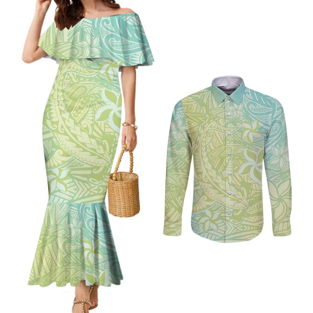 Baby Green Gradient Polynesia Couples Matching Mermaid Dress and Long Sleeve Button Shirt Hawaiian Tribal Hammerhead Shark Tattoo LT14 Baby Green - Polynesian Pride