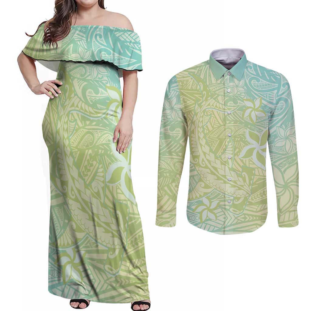 Baby Green Gradient Polynesia Couples Matching Off Shoulder Maxi Dress and Long Sleeve Button Shirt Hawaiian Tribal Hammerhead Shark Tattoo LT14 Baby Green - Polynesian Pride
