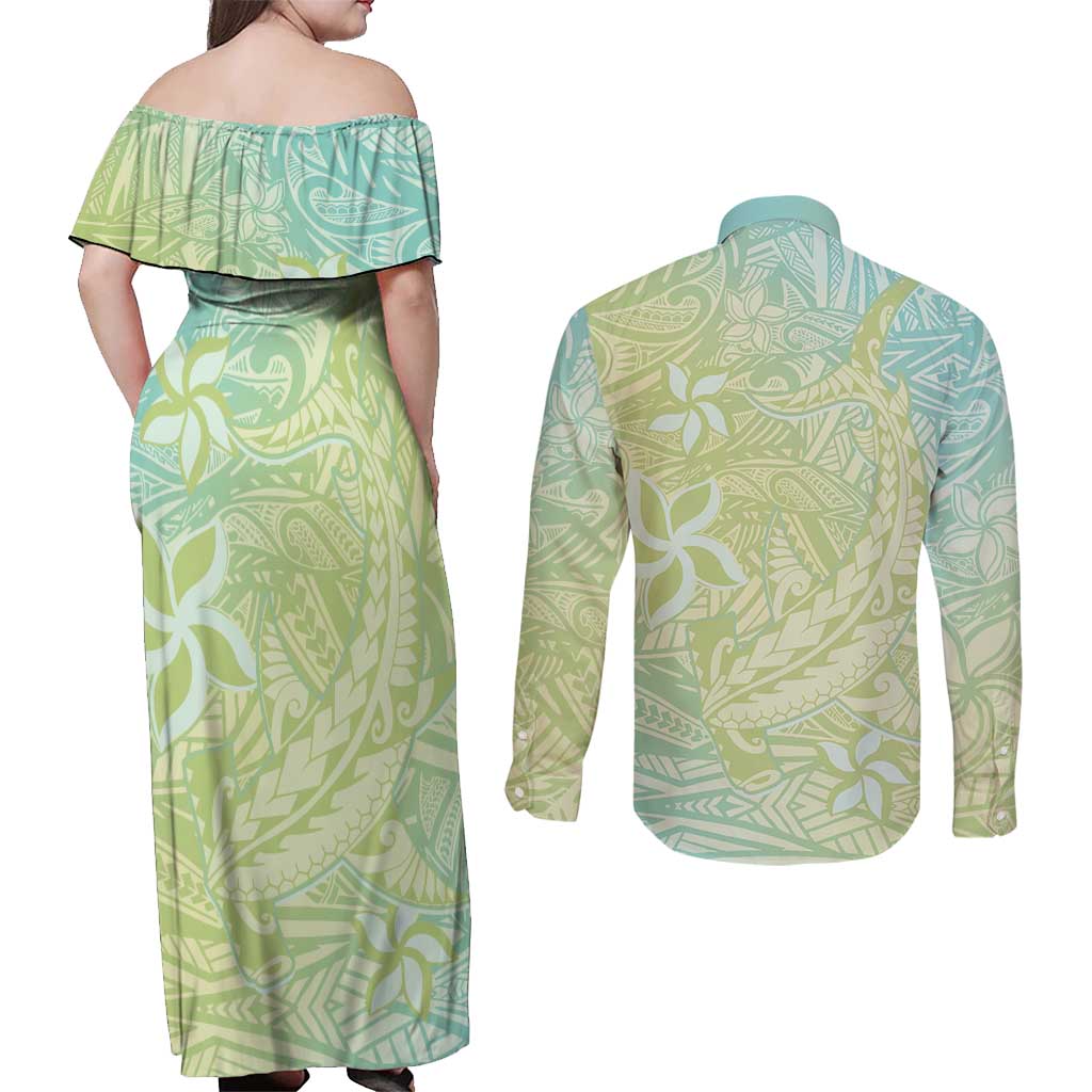 Baby Green Gradient Polynesia Couples Matching Off Shoulder Maxi Dress and Long Sleeve Button Shirt Hawaiian Tribal Hammerhead Shark Tattoo LT14 - Polynesian Pride