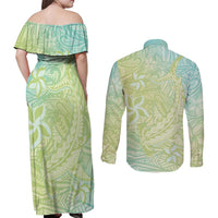 Baby Green Gradient Polynesia Couples Matching Off Shoulder Maxi Dress and Long Sleeve Button Shirt Hawaiian Tribal Hammerhead Shark Tattoo LT14 - Polynesian Pride