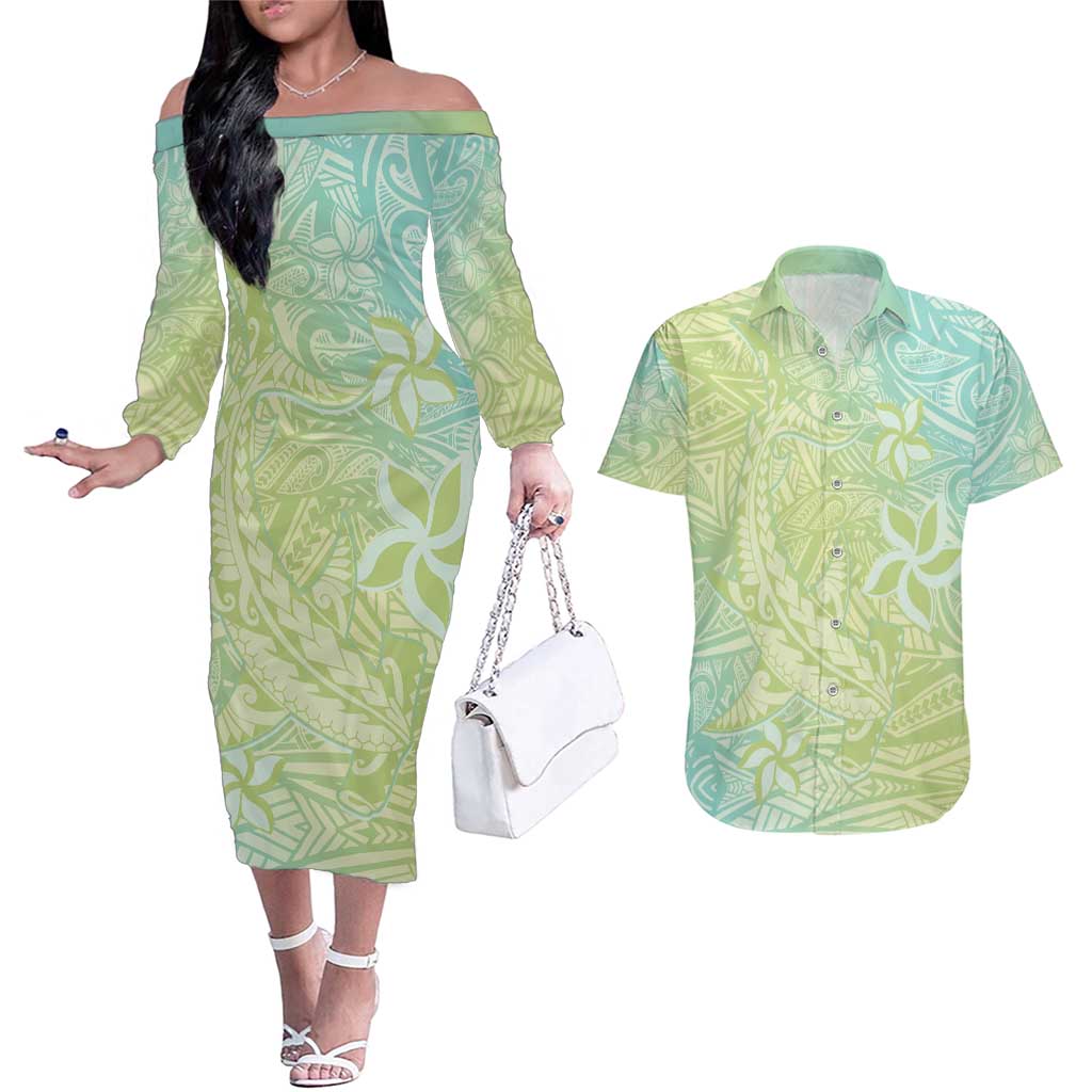 Baby Green Gradient Polynesia Couples Matching Off The Shoulder Long Sleeve Dress and Hawaiian Shirt Hawaiian Tribal Hammerhead Shark Tattoo