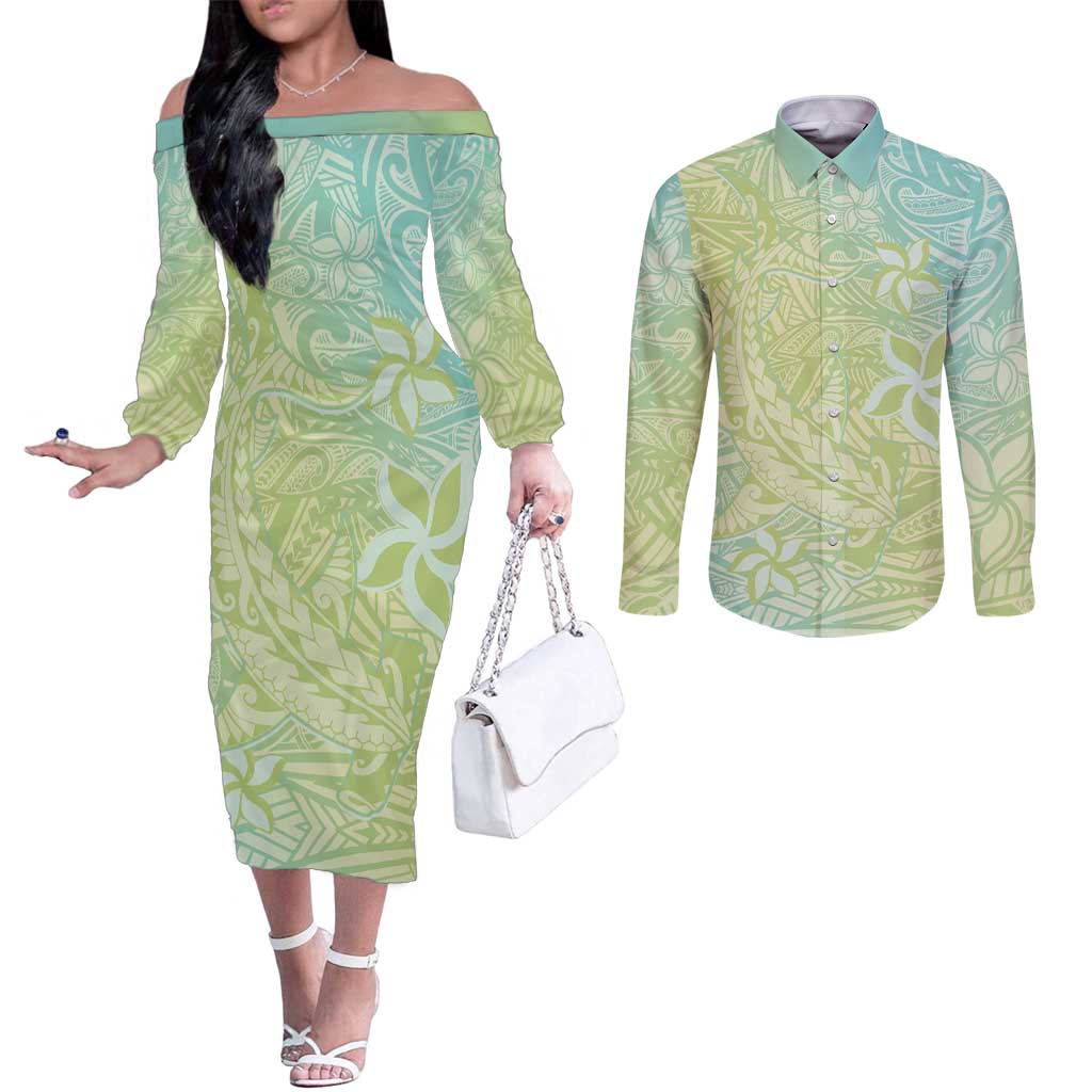 Baby Green Gradient Polynesia Couples Matching Off The Shoulder Long Sleeve Dress and Long Sleeve Button Shirt Hawaiian Tribal Hammerhead Shark Tattoo LT14 Baby Green - Polynesian Pride