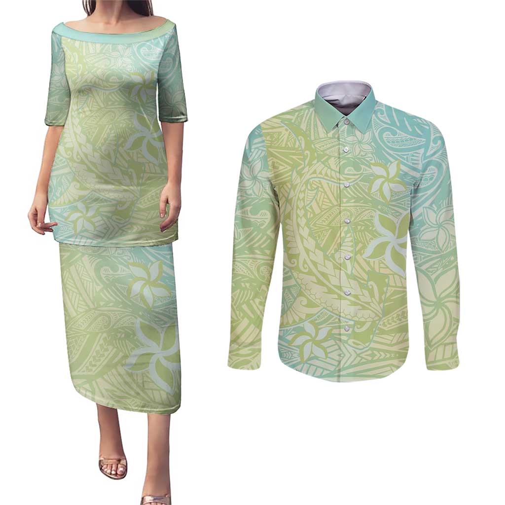 Baby Green Gradient Polynesia Couples Matching Puletasi and Long Sleeve Button Shirt Hawaiian Tribal Hammerhead Shark Tattoo LT14 Baby Green - Polynesian Pride