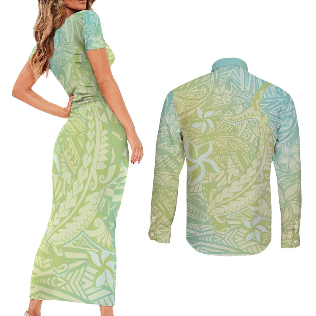 Baby Green Gradient Polynesia Couples Matching Short Sleeve Bodycon Dress and Long Sleeve Button Shirt Hawaiian Tribal Hammerhead Shark Tattoo LT14 - Polynesian Pride