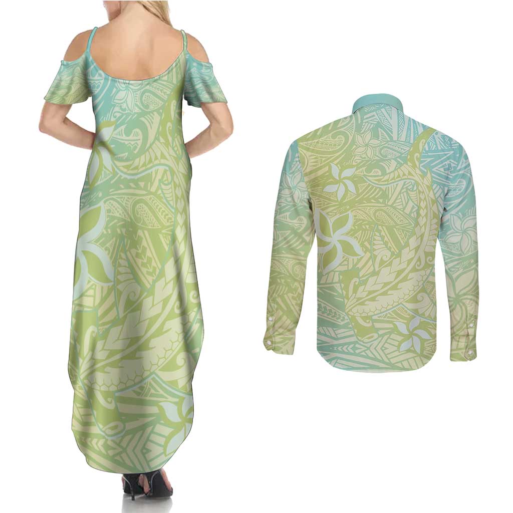 Baby Green Gradient Polynesia Couples Matching Summer Maxi Dress and Long Sleeve Button Shirt Hawaiian Tribal Hammerhead Shark Tattoo LT14 - Polynesian Pride