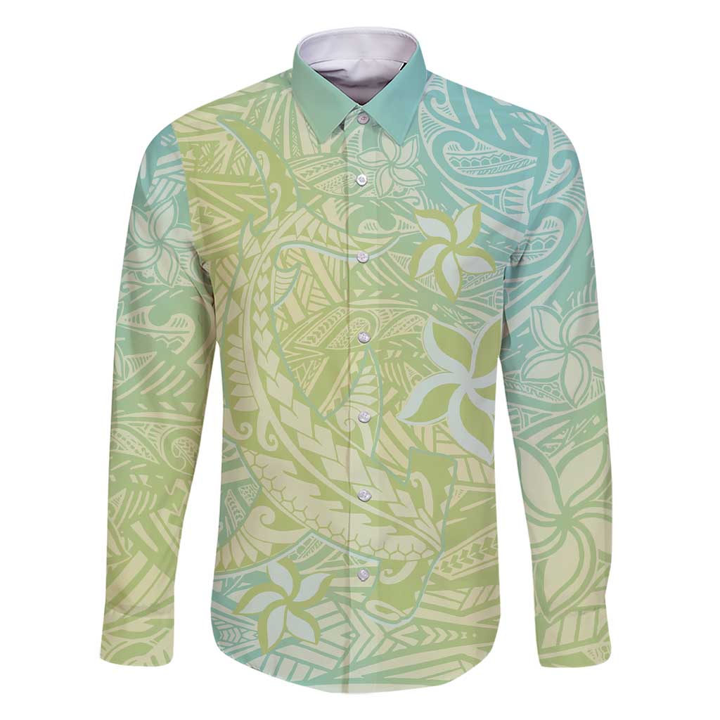 Baby Green Gradient Polynesia Family Matching Short Sleeve Bodycon Dress and Hawaiian Shirt Hawaiian Tribal Hammerhead Shark Tattoo LT14 Dad's Shirt - Long Sleeve Baby Green - Polynesian Pride