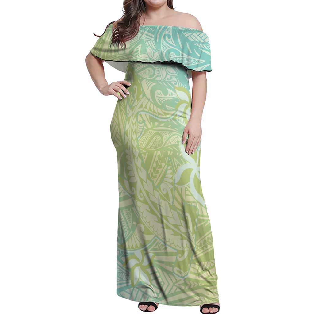Baby Green Gradient Polynesia Off Shoulder Maxi Dress Hawaiian Tribal Hammerhead Shark Tattoo