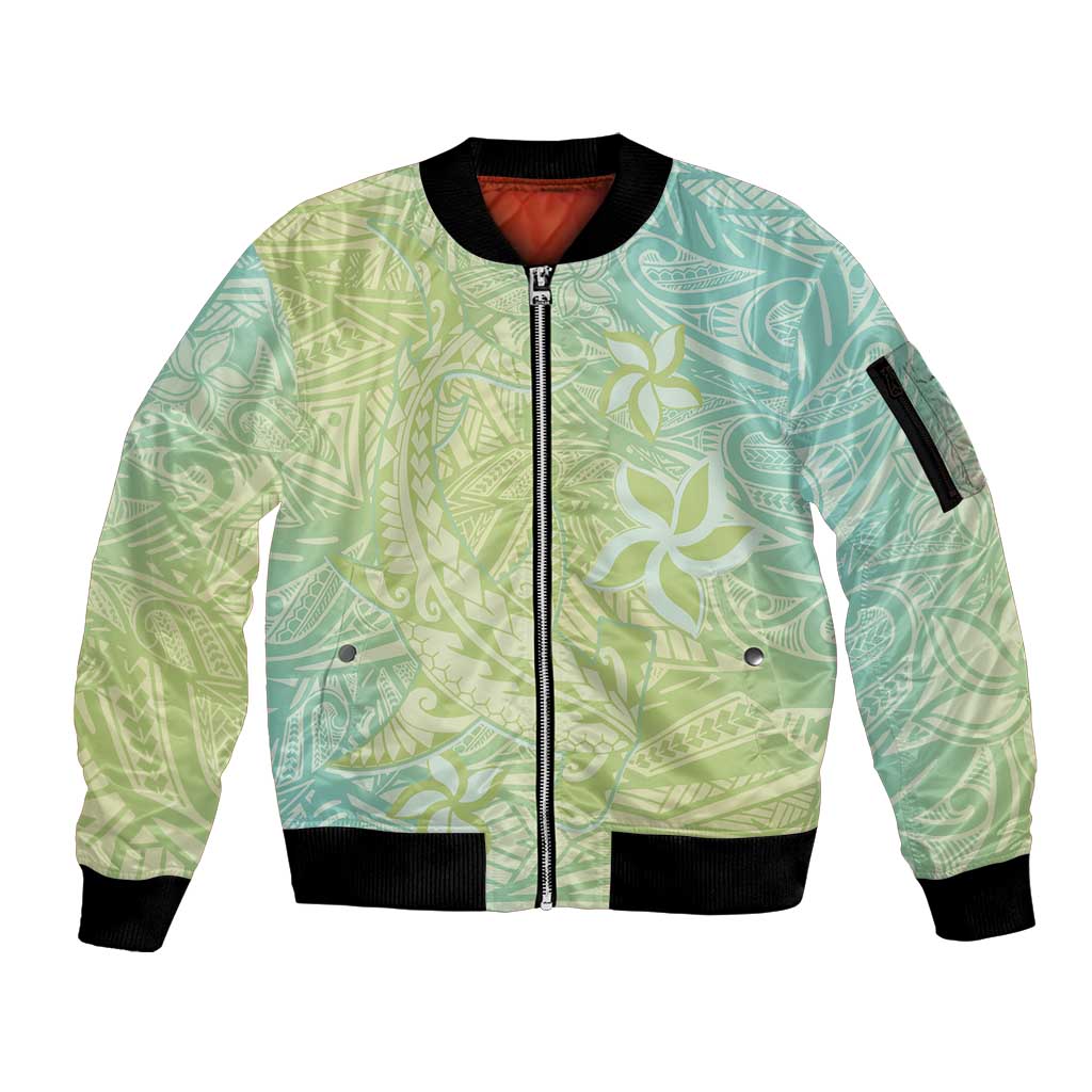 Baby Green Gradient Polynesia Sleeve Zip Bomber Jacket Hawaiian Tribal Hammerhead Shark Tattoo