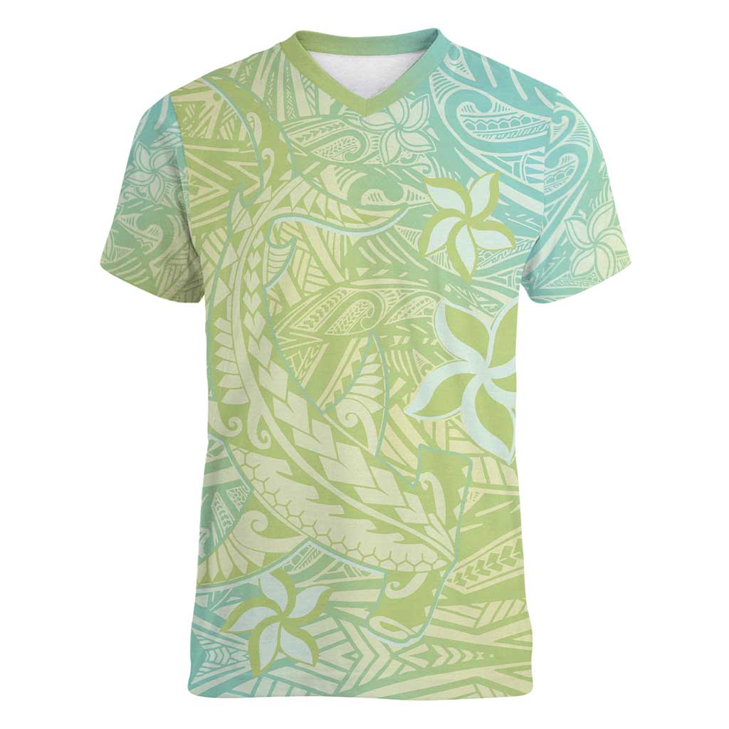 Baby Green Gradient Polynesia Women V-Neck T-Shirt Hawaiian Tribal Hammerhead Shark Tattoo LT14 Female Baby Green - Polynesian Pride
