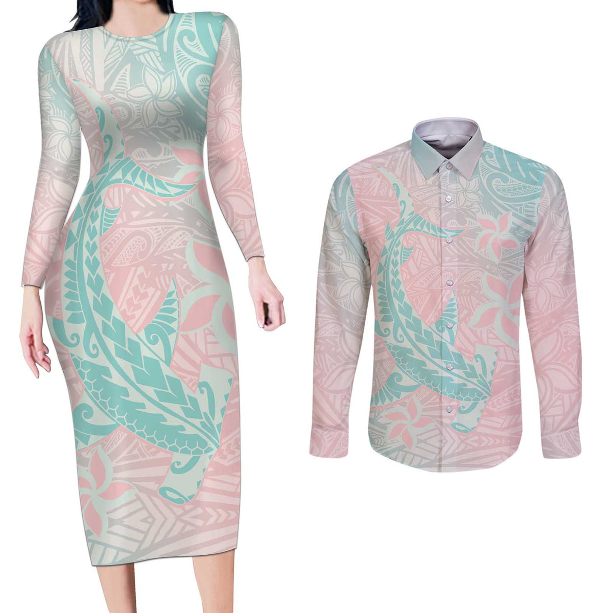 Baby Pink Gradient Polynesia Couples Matching Long Sleeve Bodycon Dress and Long Sleeve Button Shirt Hawaiian Tribal Hammerhead Shark Tattoo LT14 Baby Pink - Polynesian Pride
