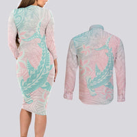 Baby Pink Gradient Polynesia Couples Matching Long Sleeve Bodycon Dress and Long Sleeve Button Shirt Hawaiian Tribal Hammerhead Shark Tattoo LT14 - Polynesian Pride