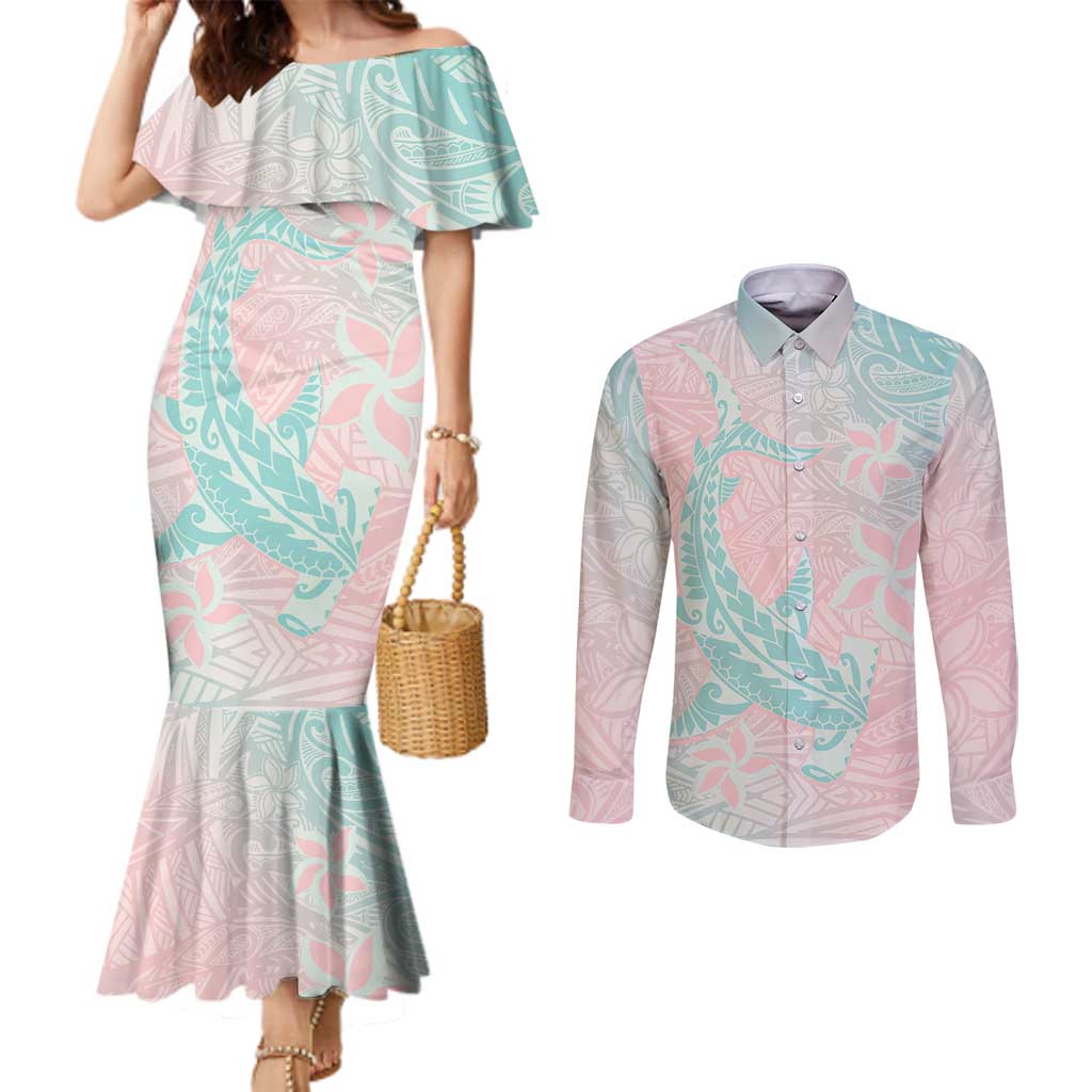 Baby Pink Gradient Polynesia Couples Matching Mermaid Dress and Long Sleeve Button Shirt Hawaiian Tribal Hammerhead Shark Tattoo LT14 Baby Pink - Polynesian Pride