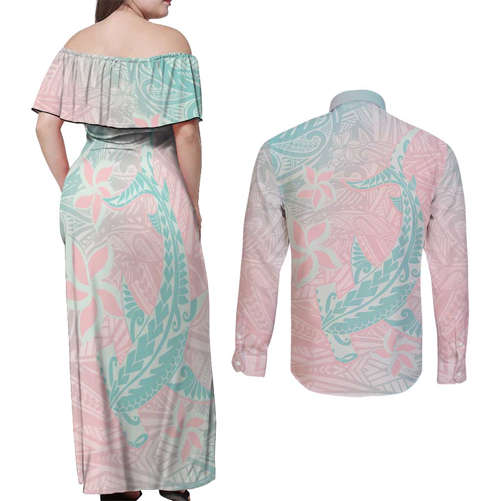 Baby Pink Gradient Polynesia Couples Matching Off Shoulder Maxi Dress and Long Sleeve Button Shirt Hawaiian Tribal Hammerhead Shark Tattoo LT14 - Polynesian Pride