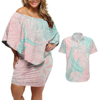 Baby Pink Gradient Polynesia Couples Matching Off Shoulder Short Dress and Hawaiian Shirt Hawaiian Tribal Hammerhead Shark Tattoo LT14 Baby Pink - Polynesian Pride