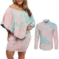 Baby Pink Gradient Polynesia Couples Matching Off Shoulder Short Dress and Long Sleeve Button Shirt Hawaiian Tribal Hammerhead Shark Tattoo LT14 Baby Pink - Polynesian Pride