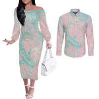 Baby Pink Gradient Polynesia Couples Matching Off The Shoulder Long Sleeve Dress and Long Sleeve Button Shirt Hawaiian Tribal Hammerhead Shark Tattoo LT14 Baby Pink - Polynesian Pride