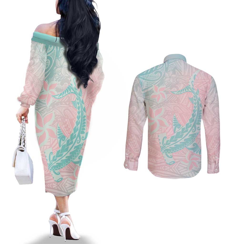 Baby Pink Gradient Polynesia Couples Matching Off The Shoulder Long Sleeve Dress and Long Sleeve Button Shirt Hawaiian Tribal Hammerhead Shark Tattoo LT14 - Polynesian Pride