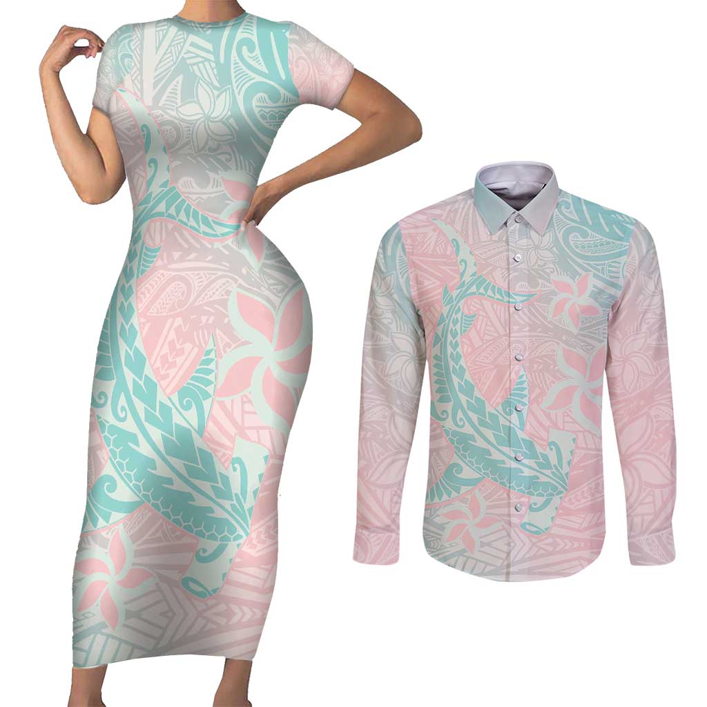 Baby Pink Gradient Polynesia Couples Matching Short Sleeve Bodycon Dress and Long Sleeve Button Shirt Hawaiian Tribal Hammerhead Shark Tattoo LT14 Baby Pink - Polynesian Pride
