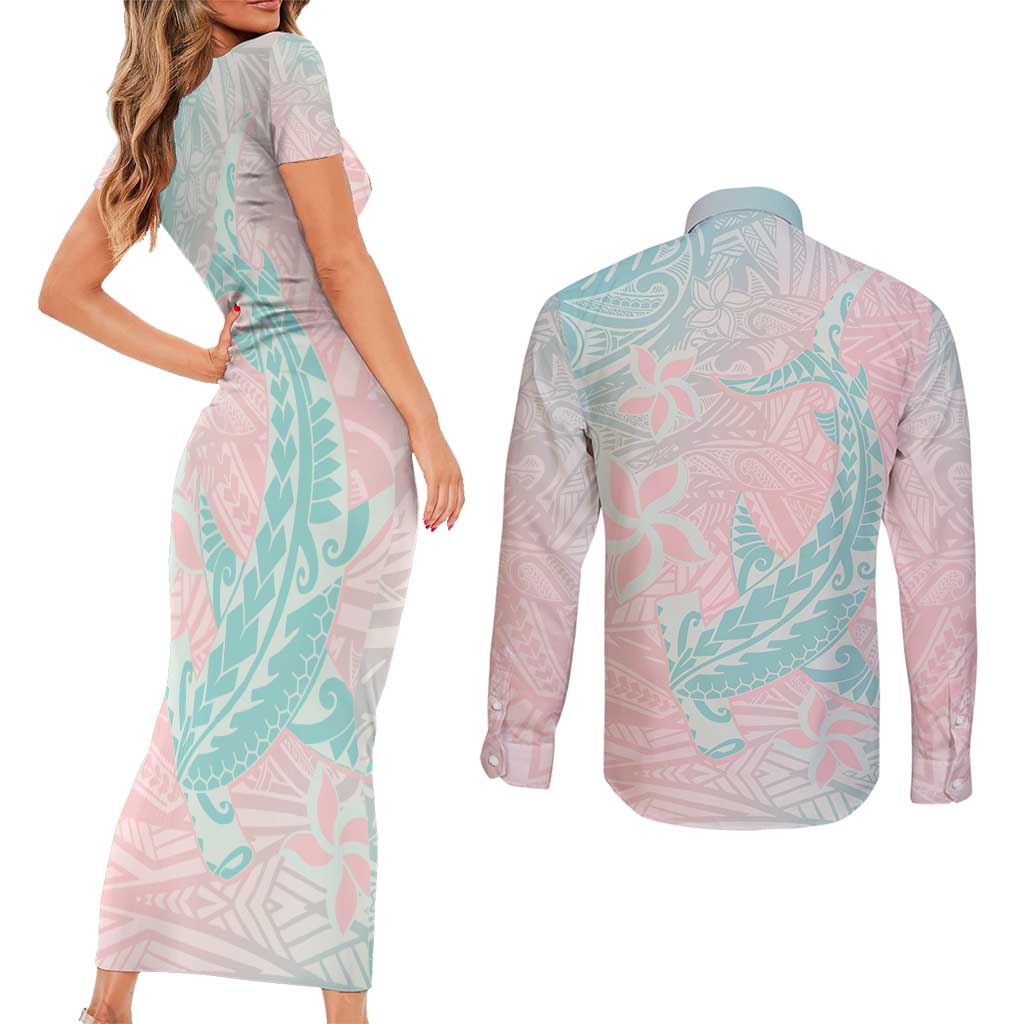 Baby Pink Gradient Polynesia Couples Matching Short Sleeve Bodycon Dress and Long Sleeve Button Shirt Hawaiian Tribal Hammerhead Shark Tattoo LT14 - Polynesian Pride