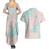 Baby Pink Gradient Polynesia Couples Matching Summer Maxi Dress and Hawaiian Shirt Hawaiian Tribal Hammerhead Shark Tattoo LT14 - Polynesian Pride