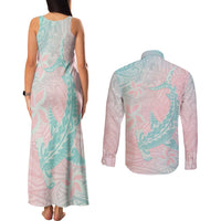 Baby Pink Gradient Polynesia Couples Matching Tank Maxi Dress and Long Sleeve Button Shirt Hawaiian Tribal Hammerhead Shark Tattoo LT14 - Polynesian Pride
