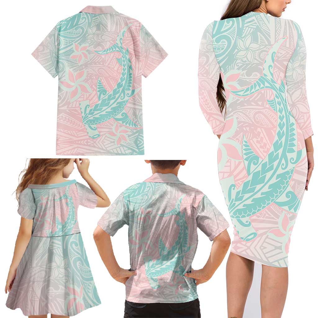 Baby Pink Gradient Polynesia Family Matching Long Sleeve Bodycon Dress and Hawaiian Shirt Hawaiian Tribal Hammerhead Shark Tattoo